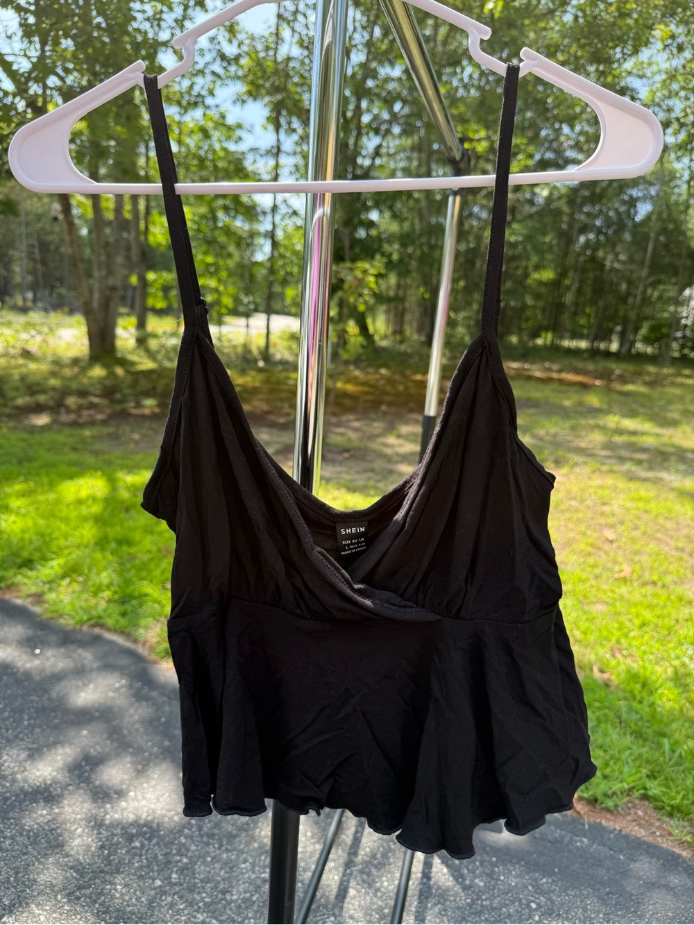 Black Spaghetti Strap Wrap-Front Peplum Camisole